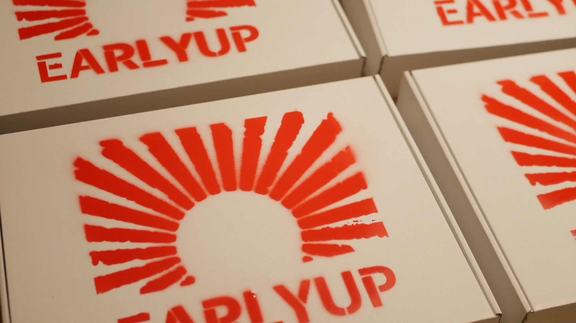 Mehrere EARLYUP Versandboxen mit Logo